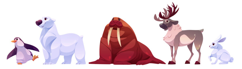 Polar animals set isolated on white background. Vector cartoon illustration of penguin, arctic bear, walrus, reindeer, hare, collection of wildlife characters for zoo design, wild nature inhabitants © klyaksun