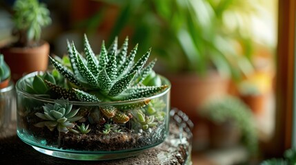 the elegance of a succulent terrarium in a clear glass container, emphasizing the intricate patterns and textures of the succulent leaves