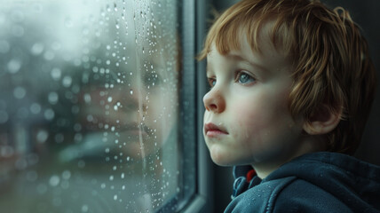 Contemplative child looks through a rain-streaked window, a moment of calm curiosity.