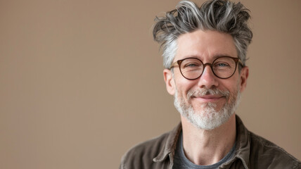 Obraz premium Mature man with silver hair and glasses, his gentle smile speaks of wisdom and contentment.