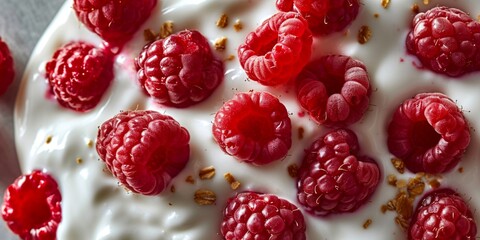 Yogurt texture with raspberries, close-up, macro, minimal background
