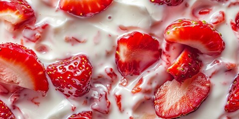 Fototapeta premium Yogurt texture close-up, macro with strawberries. Minimal food banner, background, wallpaper