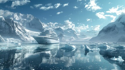Cruise Ship at the Antarctic Peninsula Ocean and Icebergs and Mountains in the Background in Antarctica - obrazy, fototapety, plakaty