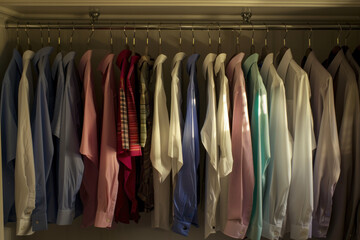 Organized closet with a selection of shirts.
