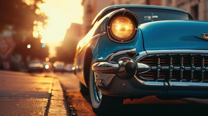Foto op Aluminium Classic american car from the fifties Low angle view showing cyan paint and chrome fender and grill © Ruslan Gilmanshin