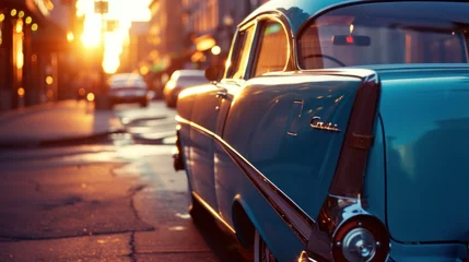  Classic american car from the fifties Low angle view showing cyan paint and chrome fender and grill © Ruslan Gilmanshin