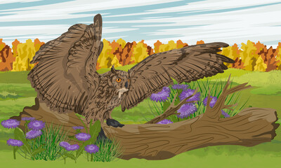 An eagle owl flies into a tree trunk lying on the grass. Wildlife in autumn. Realistic vector landscape