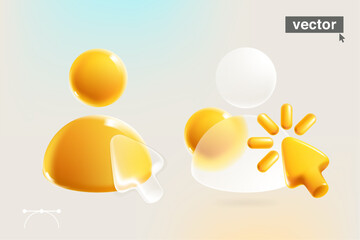 Person user icon in glassmorphism style. 3D avatar made of matte glass, cursor, loading icon and spheres. Transparent glass with blur effect. Vector for social media, UI screen, banner, app design.