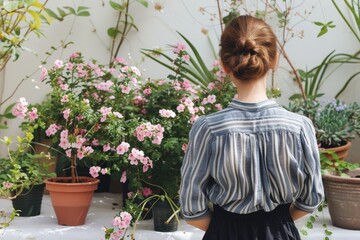 Rear View of Woman Admiring Pink Blossoming Rose Bush at Plant Nursery
