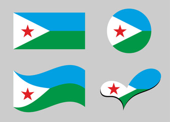 Djibouti flag. Flag of  Djibouti in heart shape.  Djibouti flag in circle shape. Country flag variations.