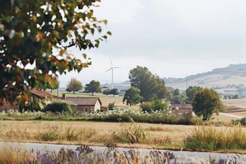 Fototapeta na wymiar Rural Landscape with Wind Turbine Overlooking Farmhouses and Fields