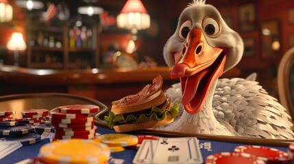 Create a whimsical scene of a goofy goose munching on a sandwich surrounded by poker chips - obrazy, fototapety, plakaty