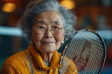 An old woman is standing while holding a tennis racket in her hands, ready to play a game