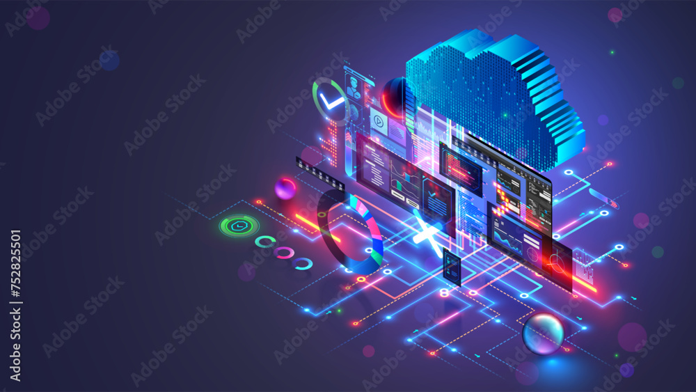 Poster Cloud computing isometric concept. Cloud storage in software development. Digital internet technology. Database remote administration. Cloud technology data center. Abstract computer interface.