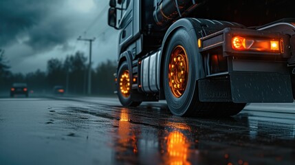 Truck chassis and orange wheels on a wet road in rainy weather, close-up. Safety concept and tire grip on wet road - 752825502