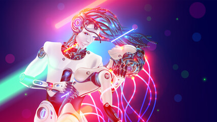 Couple of robots in love. Male robot holds a female robot in his arms. Artificial intelligence. AI. Romantic relationships and love of cyborgs with artificial intelligence. Sci-fi vector illustration.