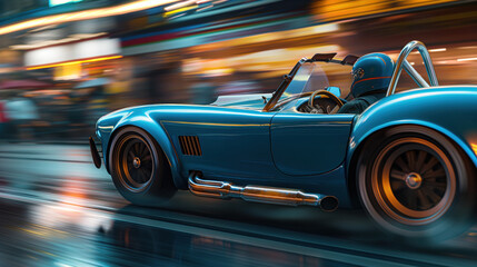 a blue Classic racing cars are driving on urban streets. blur in motion