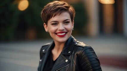 Fototapeta premium Positive laughing stylish white woman with short haircut