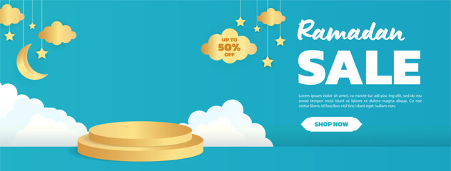 Ramadan sales promotion banner with an exclusive podium to showcase Ramadan themed products