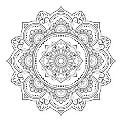 Circular pattern in form of mandala with flower for Henna, Mehndi, tattoo, decoration. Decorative ornament in ethnic oriental style. Outline doodle hand draw vector illustration.