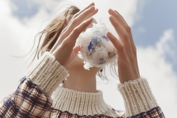Conceptual Image of Hands Cradling a Handmade Earth Globe Against the Sky