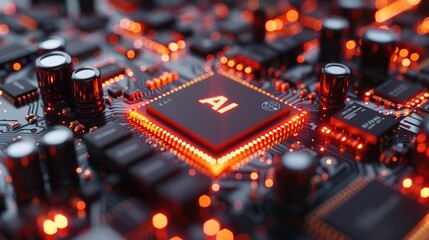 3d rendering of computer chip with AI (Artificial Intelligence) sign on circuit board background in glow orange tones. AI concept