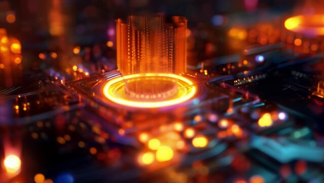 A hologram of a quantum computer demonstrating how it uses qubits and entanglement for faster processing power.