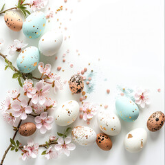 background for filling with text, multi-colored Easter eggs in combination with spring flowers on a white background, a symbol of the Easter holiday