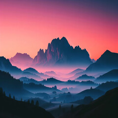 Foggy mountain landscape at sunrise. Colorful illustration.