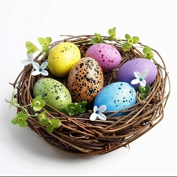 multi-colored Easter eggs in a festive basket decorated with flowers on a white background, a symbol of the Easter holiday