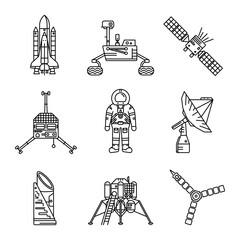 Space exploration outline illustration set. Black line icons on white background. Science and astronomy concept © Natalia