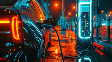 Electric car plugged in with charging station to recharge battery with electricity by EV charger cable in dark blue futuristic cyberpunk city night
