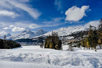 Obraz premium St. Moritz, St. Moritzersee, Oberengadin, Alpen, Corviglia, Piz Nair, Piz Julier, Piz Albana, Winter, Wintersport, Winterwanderung, Stazerwald, Langlauf, Schneedecke, Graubünden, Schweiz