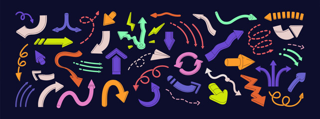 Different colorful arrows set. Various pointers symbols: divergence, dot line, twisted, cursor, loop. Geometric shapes for pointing direction. Swap, up, down signs. Flat isolated vector illustration