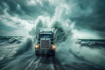 truck appears to be riding a monstrous wave, symbolizing strength and heroic conquer of obstacles - obrazy, fototapety, plakaty