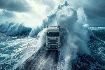 This striking composition captures a truck's confrontation with a rough sea, highlighting strength and persistence
