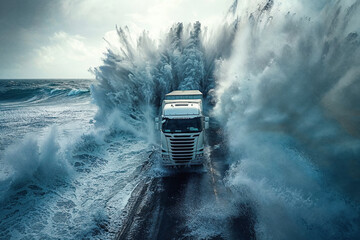 An impactful composition of a semi-truck enveloped by aggressive sea waves under a cloudy sky