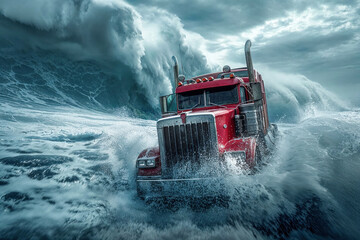 truck appears to be riding a monstrous wave, symbolizing strength and heroic conquer of obstacles