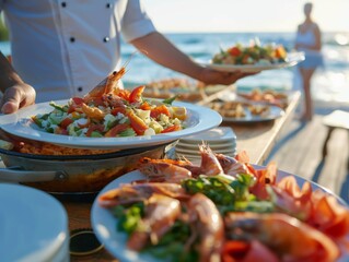 A chef serving fresh seafood salad on a sunny seaside deck, with a woman in the background