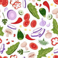 Endless pattern of different ingredients to cooking. Repeating print of various vegetables: onion, tomato, salad, chilli. Organic vegetarian food. Proper nutrition. Flat vector seamless illustration