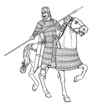 Ancient Parthian Cataphract in attack. Antique and Medieval Cavalry Drawing.