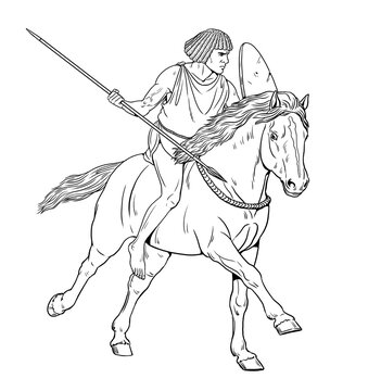Ancient Nubian rider in attack. Antique and Medieval Cavalry Drawing.