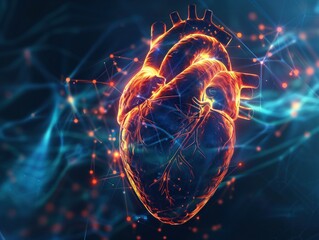 Digital Illustration of Human Heart Anatomy, Vivid digital representation of a human heart with illuminated vessels against a dark, interconnected network background. - obrazy, fototapety, plakaty