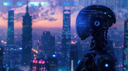 Futuristic Robot Overlooking Cityscape at Dusk, An advanced humanoid robot gazes over a vibrant cityscape bathed in the hues of sunset, symbolizing futuristic urban life.
