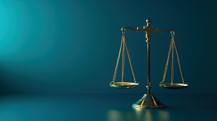 Classic Golden Scales of Justice on Blue Background, Elegant and traditional golden scales of justice standing against a serene blue background, depicting the concept of legal balance.