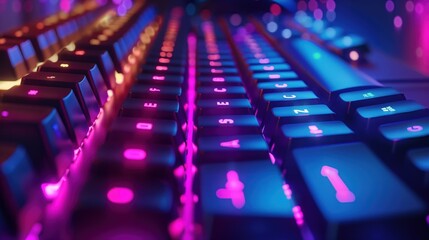 Gaming Keyboard with Dynamic Purple and Blue Backlighting, A side perspective of a gaming keyboard showcasing vibrant purple and blue backlighting with a blurred background. - obrazy, fototapety, plakaty