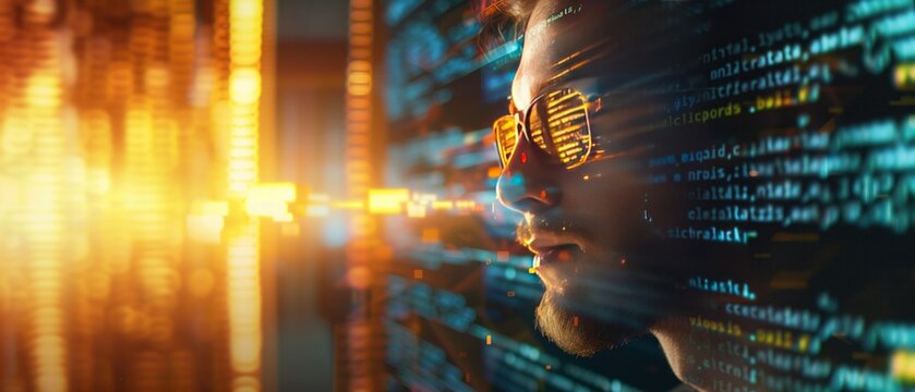 Programmer with Code Reflection on Glasses, Close-up of a male programmer with glowing code reflecting on his glasses in a dark, digital environment.