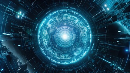 Advanced Cybernetic Technology Interface Hub, A high-tech digital interface with a circular design, suggesting a futuristic technology hub or data center concept.