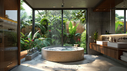 Round jacuzzi indoor bathtubt. Landscape around fulls of a variety of tropical plants. - obrazy, fototapety, plakaty
