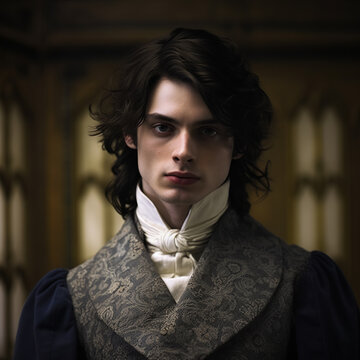 Victorian young man, in historical attire, including a patterned vest and cravat